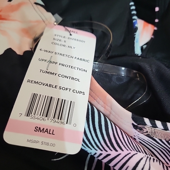 DKNY Women's Small One Tummy Control Swimsuit Black Floral Print Halter - Picture 7 of 8